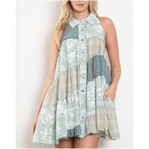 Bluevelvet Plaid Print Button Down Ruffle Hem Sleeveless Tunic Top